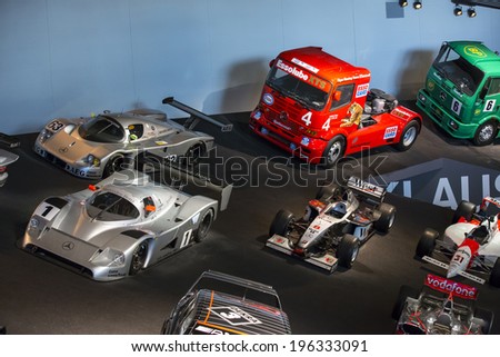 Stuttgart, Germany - May 25: Mercedes automobile inside the Mercedes-Benz Museum in Stuttgart, Germany, on May 25, 2014. The museum covers the history of the Mercedes-Benz and the brands associated.