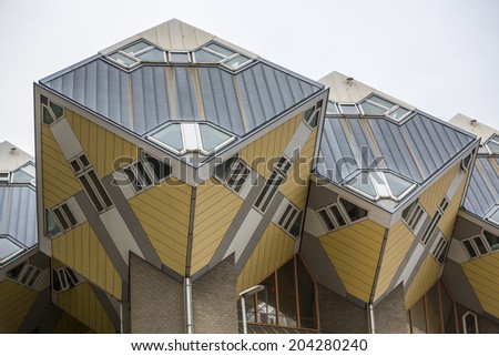 ROTTERDAM, Netherlands - JUNE 29: The famous cube houses designed by Piet Blom on June 29, 2014 in Rotterdam, Netherlands. They represents a village where each house is a tree.