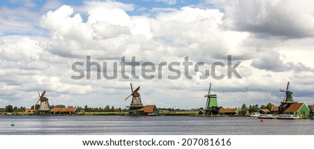 Zaanse-Schans, Netherlands: June 30: Traditional dutch windmills at the Zaanse Museum in Zaanse-Schans, Netherlands on June 30, 2014.