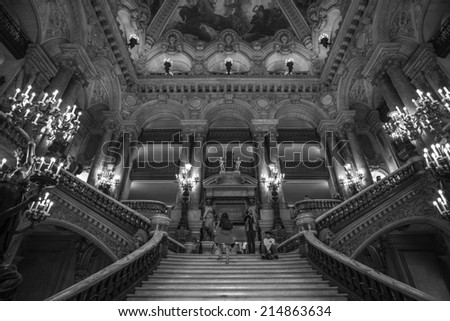Paris, France - August 19: Interior view of the Garnier Opera in Paris, France on August 19, 2014.