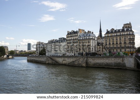 Paris, France - August 19: View of Seine river and bridges from o river cruise in Paris, France on August 19, 2014.