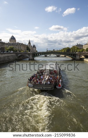 Paris, France - August 19: View of Seine river and bridges from o river cruise in Paris, France on August 19, 2014.
