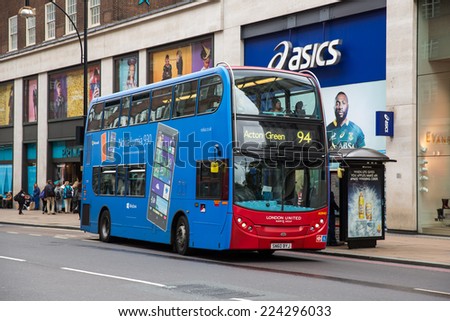 London, England - October 15: View of London double decker bus near Oxford Street in London, England on October 15, 2014.