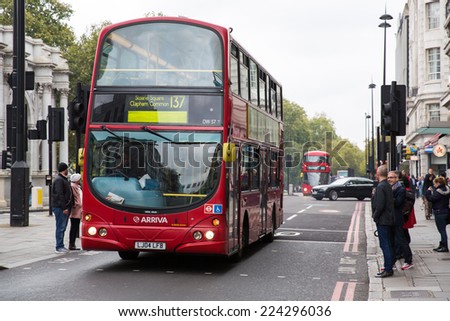 London, England - October 15: View of London double decker bus near Oxford Street in London, England on October 15, 2014.