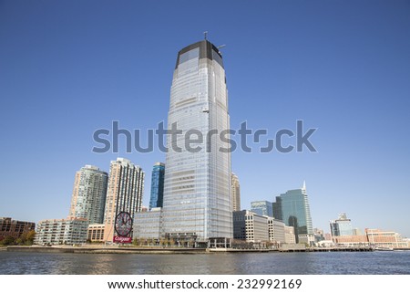 New Jersey, USA - November 3: View of the Hudson Street skyscraper and the New Jersey skyline in New Jersey, USA on November 3, 2014.