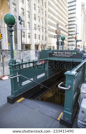 New York City, USA - November 3: View of Wall St subway station in New York City, USA on Novermber 3, 2014.