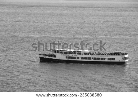 New York City, USA - November 4: View of a touristic ferry boat on Hudson River near New York City, USA on November 4, 2014.