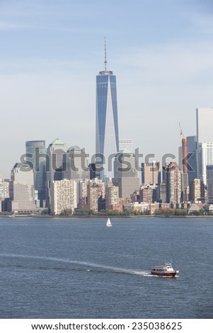New York City, USA - November 4: View of a touristic ferry boat on Hudson River near New York City, USA on November 4, 2014.