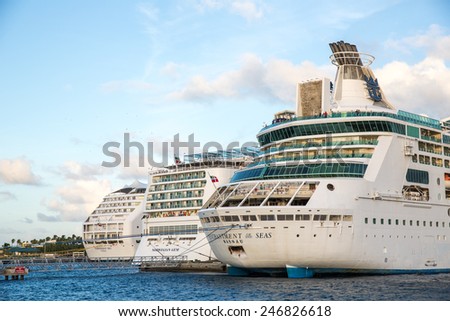 Nassau, Bahamas - November 12: View of cruise ships docked in Nassau, Bahamas on November 12, 2014.