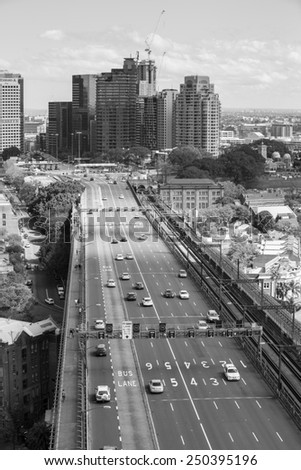 Sydney, Australia - September 22: View of local traffic on the Harbour Bridge in Sydney, Australia on September 22, 2014.