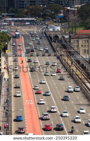 Sydney, Australia - September 22: View of local traffic on the Harbour Bridge in Sydney, Australia on September 22, 2014.