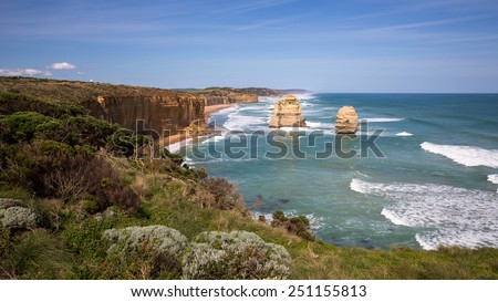 The Twelve Apostles, a collection of limestone stacks by the Great Ocean Road in Victoria, Australia.