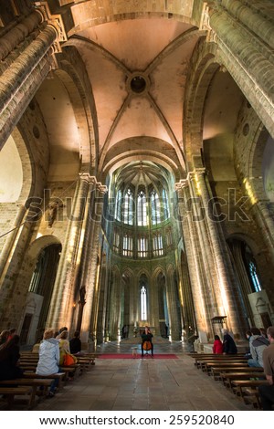 Mont Saint Michel, France - August 12: Interior view of the abbey in Mont Saint Michel, France on August 12, 2014.