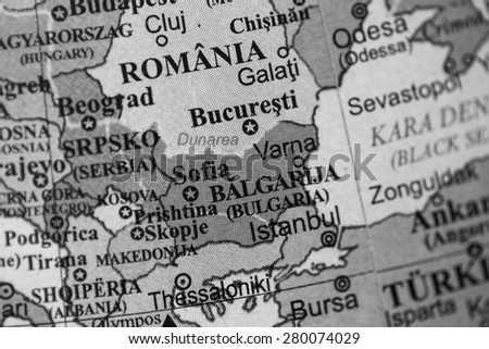 Map view of Bulgaria on a geographical globe. (black and white)