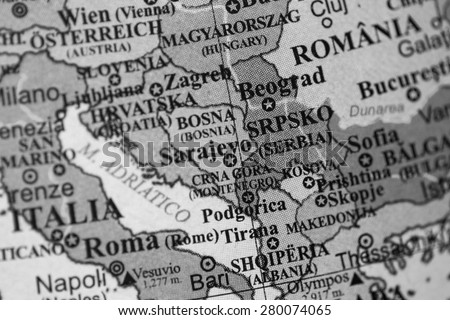 Map view of former Yugoslavia on a geographical globe. (black and white)