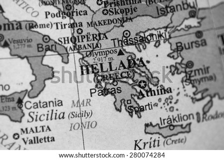 Map view of Greece on a geographical globe. (black and white)