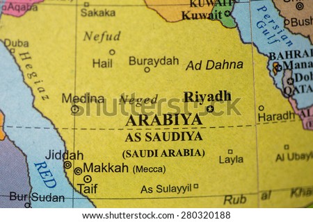 Map view of Saudi Arabia on a geographical globe.