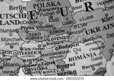 Map view of Slovakia on a geographical globe. (black and white)