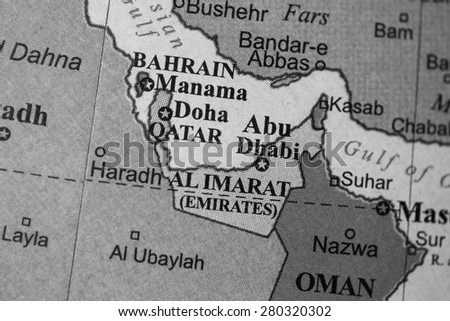 Map view of the United Arab Emirates on a geographical globe. (black and white)
