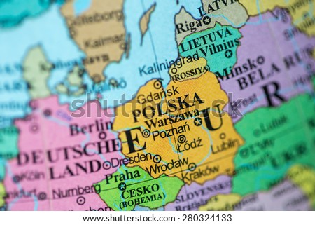 Map view of Poland on a geographical globe.