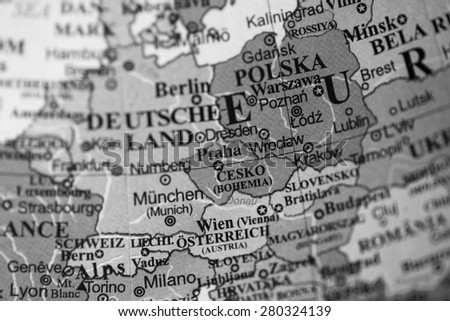 Map view of Czech Republic on a geographical globe. (black and white)