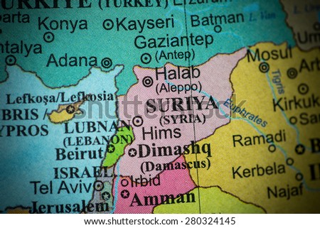 Map view of Syria on a geographical globe. (vignette)