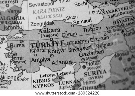 Map view of Turkey on a geographical globe. (black and white)