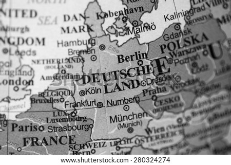 Map view of Germany on a geographical globe. (black and white)
