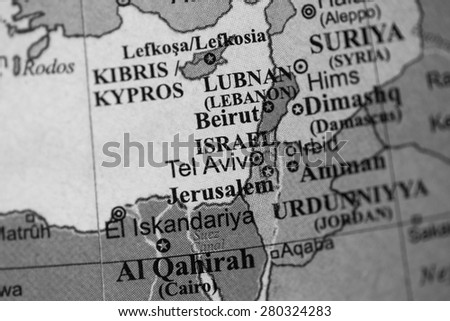 Map view of Israel on a geographical globe. (black and white)