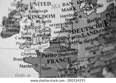 Map view of Belgium on a geographical globe. (black and white)