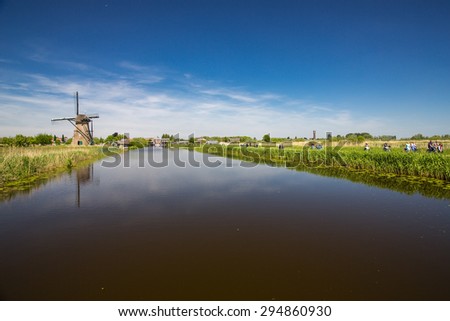 Rotterdam, Netherlands - May 25, 2015: View of Kinderdijk, a dutch windmill museum near Rotterdam.