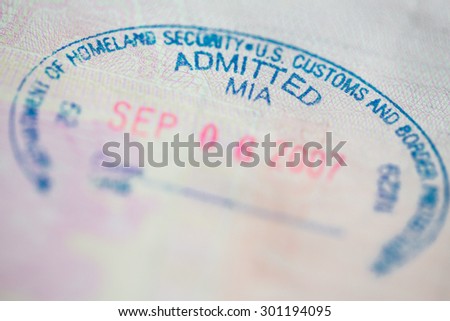 View of an USA entry stamp visa on a passport.