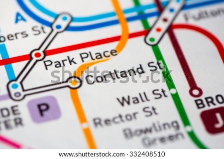 View of Cortland St station on the Broadway/Queens Boulevard, a subway service in NYC. (custom map)