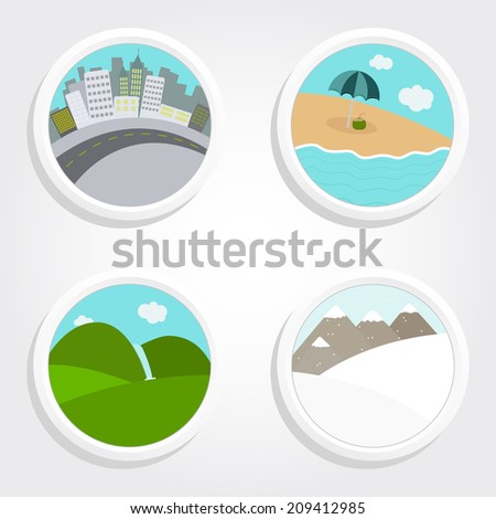 Four different landscapes in a circular and white icon: beaches, mountains, snow, city