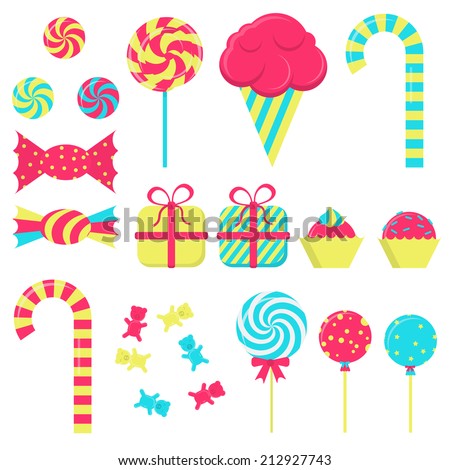 Several candies in white background. Lollipop, ice cream, stick candy, bubble gum, gift wrapping