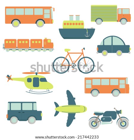 Transportation facilities. Transportation facilities in a white background: car, bus, bus travel, ship, truck, train, bike, helicopter, 4x4 car, airplane, motorbike. Isolated.