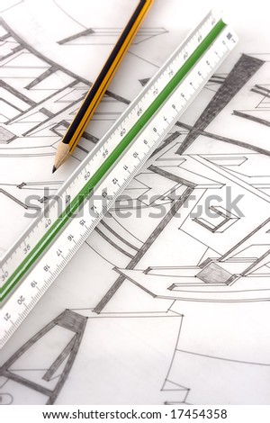 A scale ruler on a technical drawing with selective focus