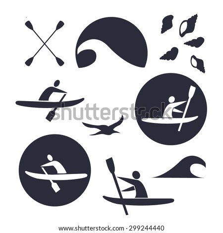 Set of different logotype templates for kayaking. Vector athletic silhouette labels and badges. Vector flat design style illustration of icons. Template for postcard, personal card or print.