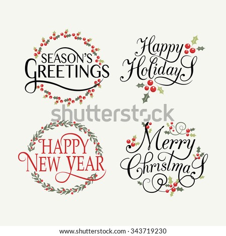 Hand sketched Happy Holidays badge and icon set. Happy New 2016 Year logo template. Merry Christmas card template. Season's Greetings banner, flyer. Happy New 2016 Year lettering typography set