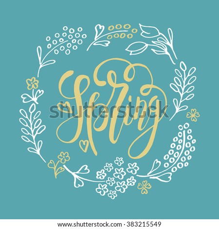 Hand sketched Spring text as logotype, badge and icon. Spring postcard, card, invitation, flyer, banner template. Spring lettering typography. Season\'s Greetings