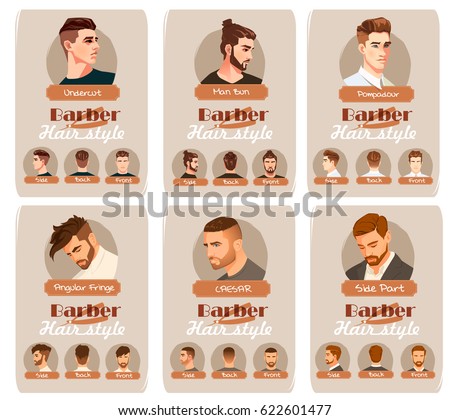 Men's haircut and hairstyle. Side part haircut. Pompadour, Undercut, Man  Bun. Barber hairstyle. Front, side and back view - Stock Image - Everypixel