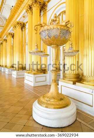 SAINT PETERSBURG, RUSSIA - JUNE 12, 2015: Interior of the Hermitage  State Museum and Winter Palace. Pair of Floor-Lamps with Dolphins.
