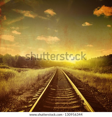 Sunset Over Railroad In Grunge And Retro Style.