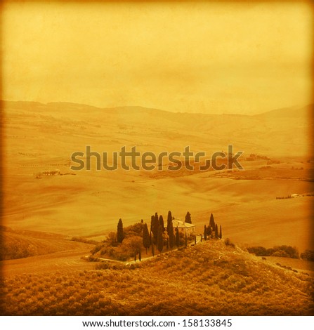 Farmhouse in Tuscany in grunge and retro style.