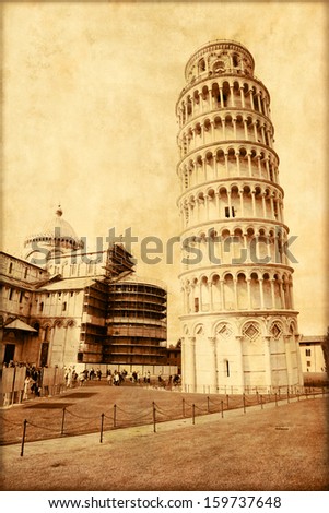 Old style photo of Leaning Tower of Pisa in Italy.