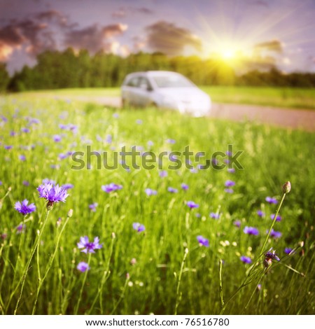 Sunset landscape with car on background.