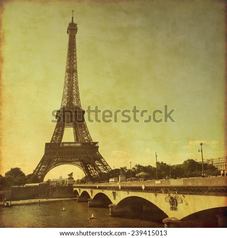 View of Eiffel tower in Paris. Grunge and retro style.