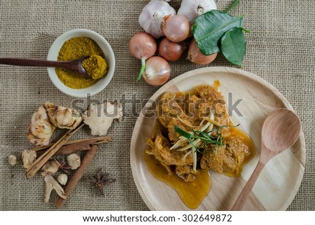 Curry food with ingredients and indian curry powder