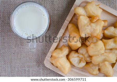 top view fried bread stick or patongko with Soybean milk