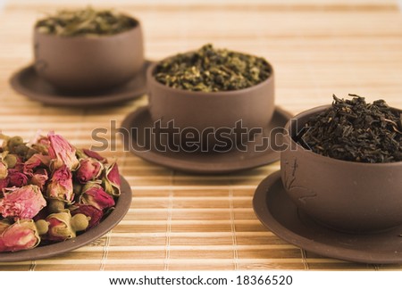 Four grades of green tea in cups of tea.